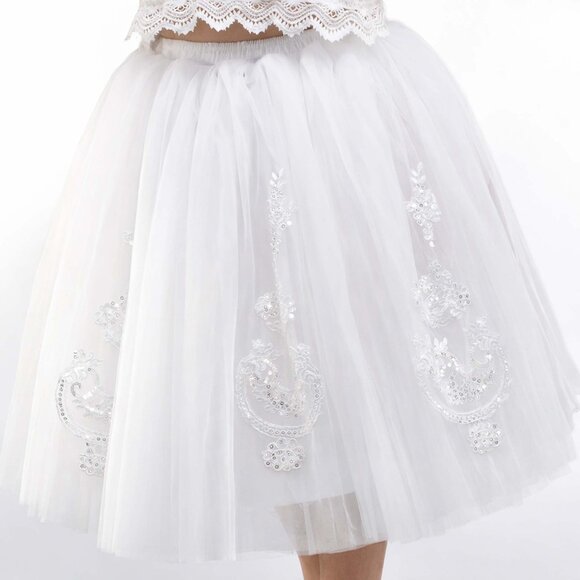 White Bridal Tulle Tutu Skirt Knee Length Lace Appliqués Pearls Beads OS - Picture 8 of 11
